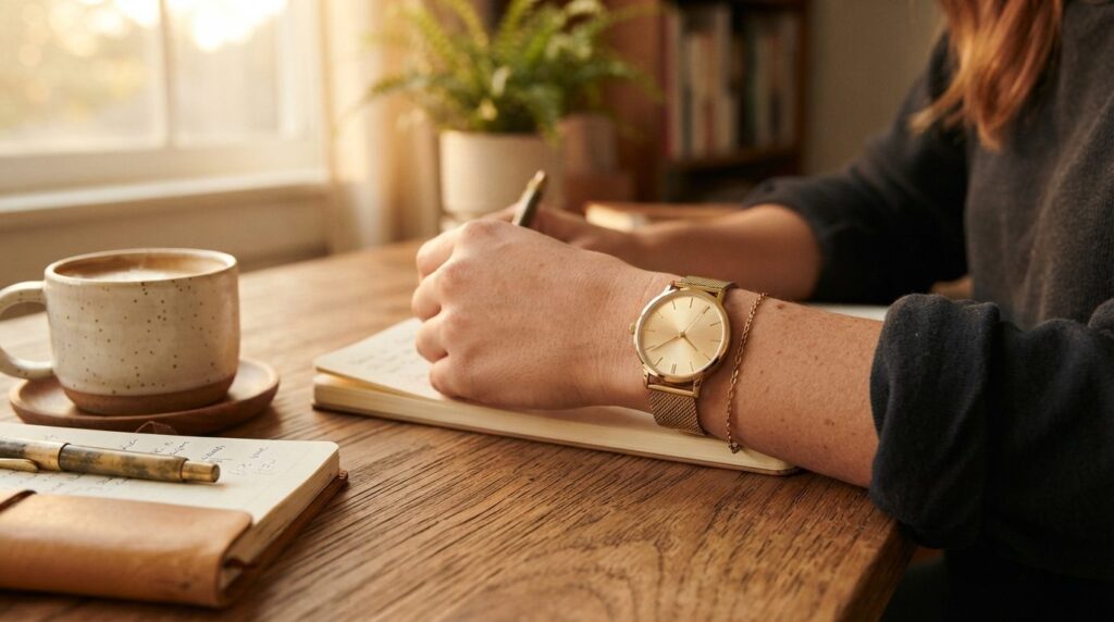 Close-up detail shot of gold watch face on womans wrist, ca