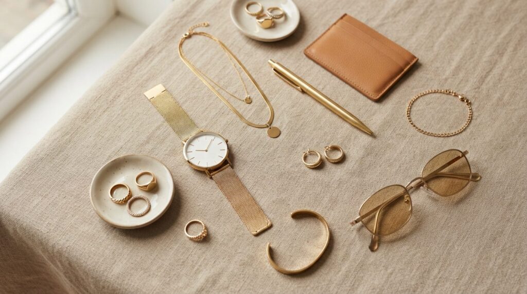 Flat lay composition of gold accessories collection includin