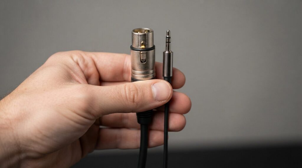 Close-up detail shot of hands holding an XLR connector and a