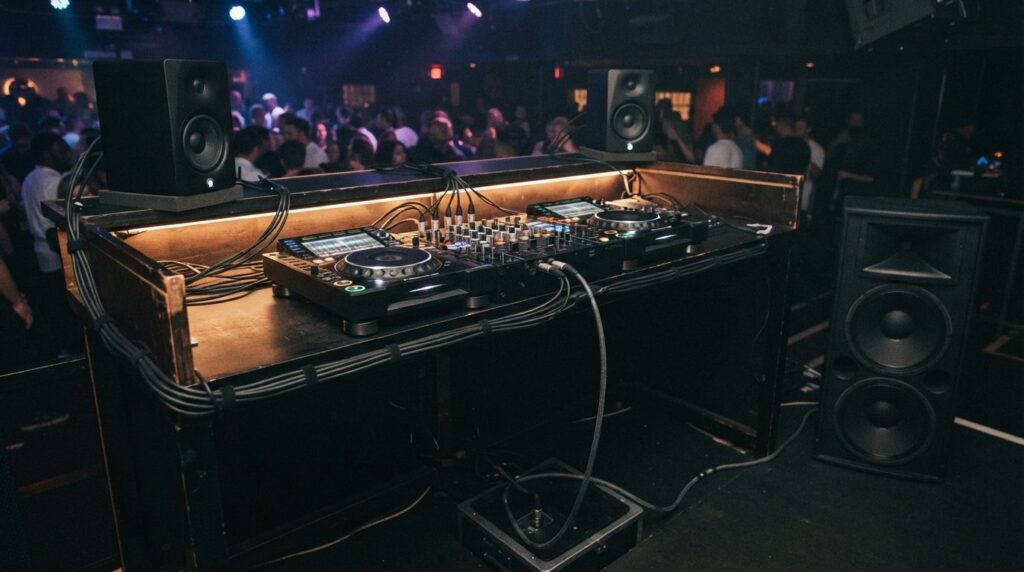 Modern DJ booth setup with professional audio equipment show